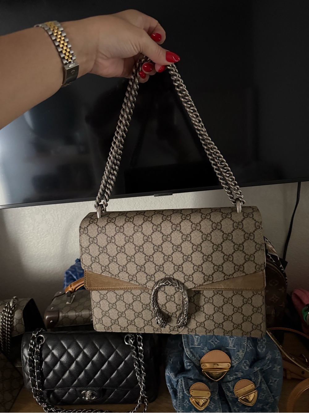 Gucci Beige GG Supreme Shoulder Bag with Tan Trim and Silver Hardware